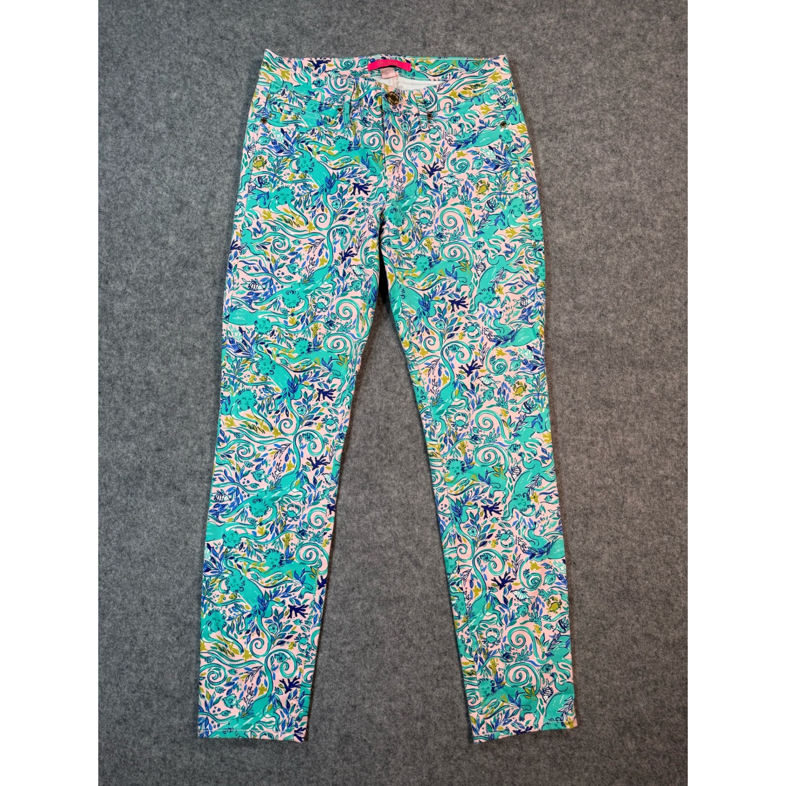 Lilly Pulitzer Kelly Skinny Ankle Pants Pink Turquoise Sea Life Print Size 4